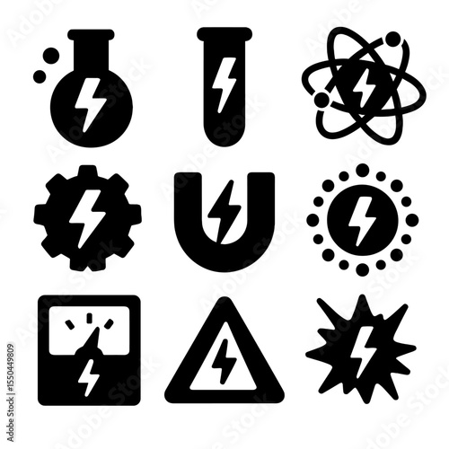 Science Bolt Icons. Solid vector icons of bolt in science and lab: experiment with lightning, bolt in test tube, electrical charge