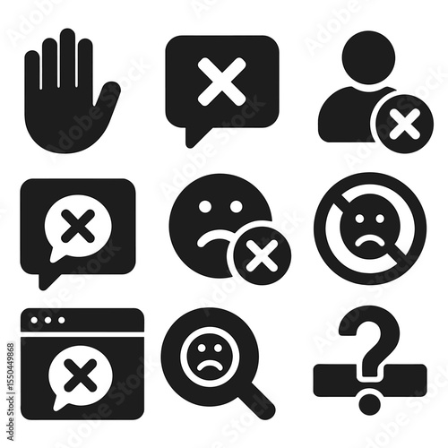 Rejected Opinions Icons. Solid vector icons of rejected opinions: hand gesture stop icon, blocked message icon, opinion cross-out,
