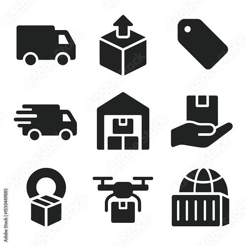 Delivery Icon Set. Solid vector icons of delivery and logistics services: delivery truck icon, cargo box with arrow, shipping