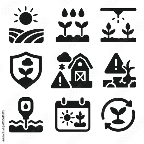Agriculture Weather Icons. Solid vector icons of agriculture and weather: field with sun, rain on crops, irrigation system icon,