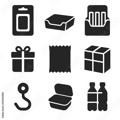 Retail Packaging Icons. Solid vector icons of retail and shelf packaging: hanging blister pack, shelf-ready tray, display box