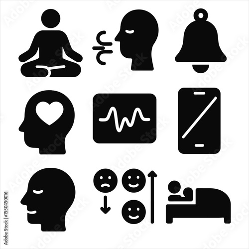 Wellness Icon Set. Solid vector icons of wellness and mindfulness: meditation sitting pose, breathing exercise icon, mindfulness