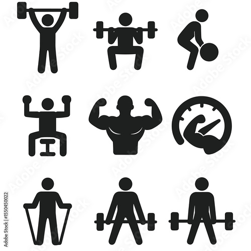 Strength Training Icons. Solid vector icons of strength training: heavy lifting icon, barbell squat symbol, deadlift motion, upper