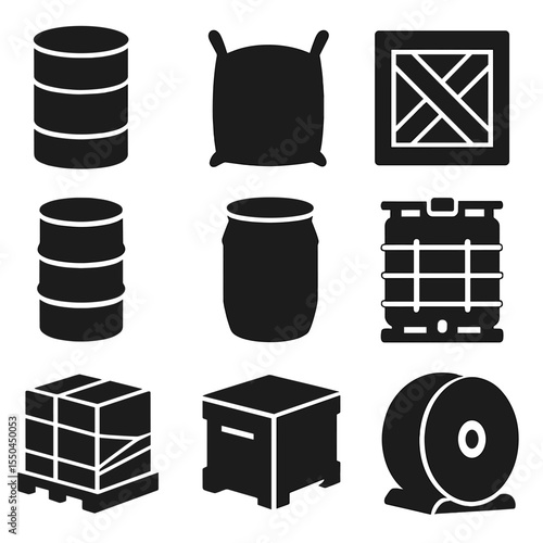Industrial Packaging Icons. Solid vector icons of industrial and bulk packaging: drum container icon, bulk sack symbol, wooden
