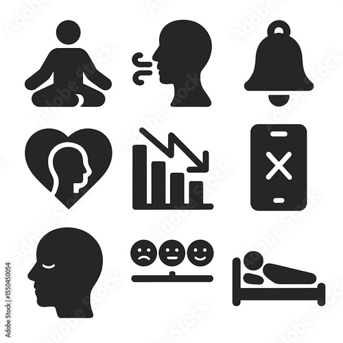Wellness Icon Set. Solid vector icons of wellness and mindfulness: meditation sitting pose, breathing exercise icon, mindfulness