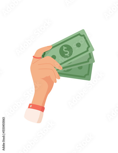 Hand holding money sticker. Human hand grips cash in a flat style. Payment in dollar bills, financial transaction concept, potential usage business and finance themes.