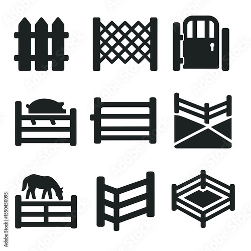 Fence and Enclosure Icons. Solid vector icons of fences and enclosures: wooden fence panel, wired fence icon, animal gate, corral