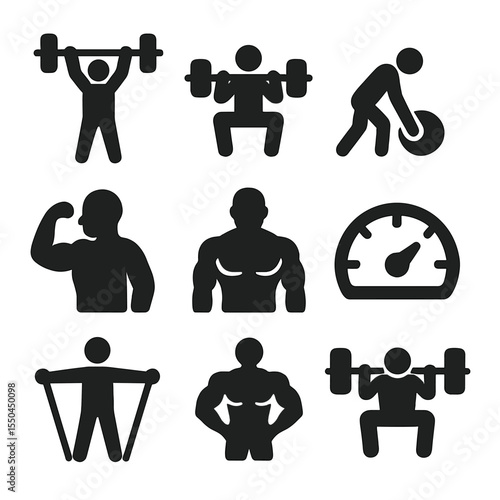 Strength Training Icons. Solid vector icons of strength training: heavy lifting icon, barbell squat symbol, deadlift motion, upper