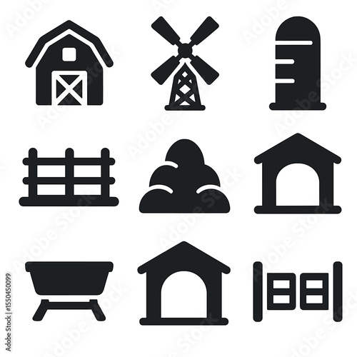 Barnyard Icons. Solid vector icons of barnyard scenes: barn icon, windmill tower, silo storage, fenced pasture, haystack pile,