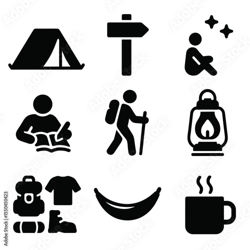 Solo Camping Icons. Solid style icons of solo camping: one-person tent icon, single trail marker, solitude under stars, solo