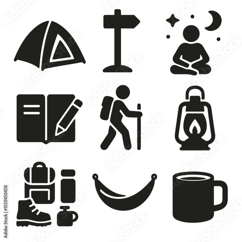 Solo Camping Icons. Solid style icons of solo camping: one-person tent icon, single trail marker, solitude under stars, solo