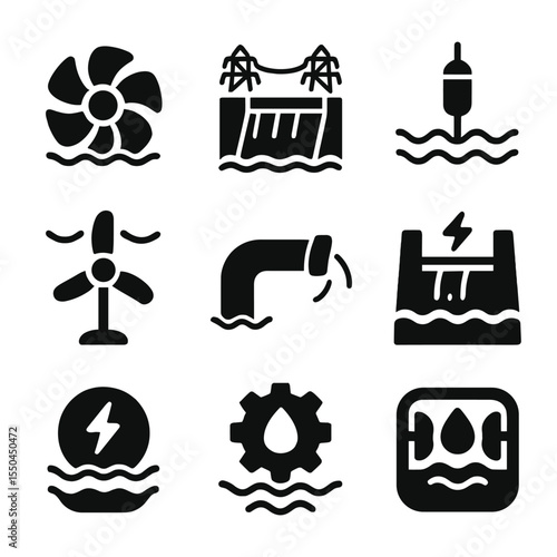 Hydro and Marine Energy Icons. Solid style icons of hydro and marine energy: water turbine icon, dam with power lines, wave energy