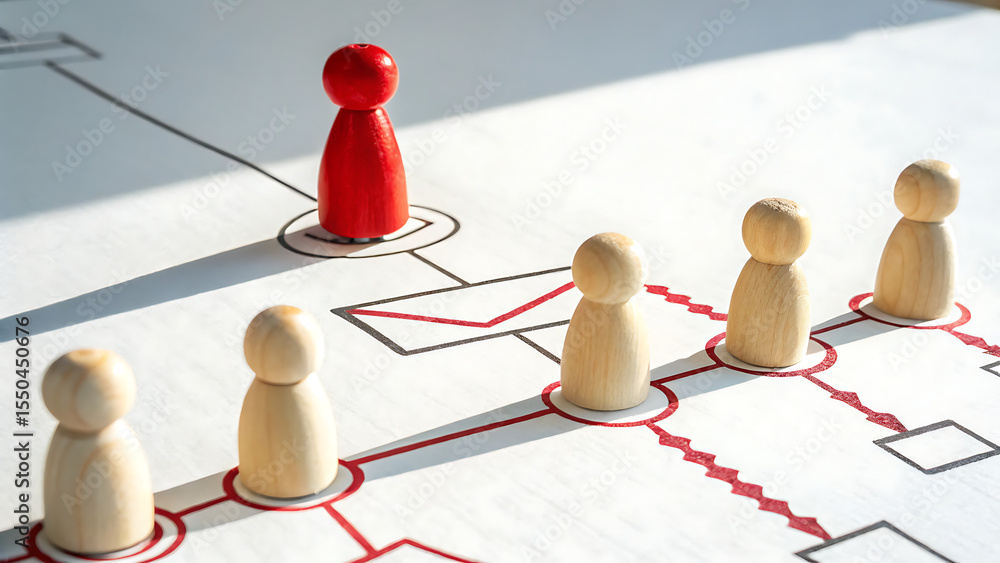 Obraz premium Leadership Hierarchy: A vibrant red figure confidently stands atop a network of interconnected wooden figures, symbolizing strategic leadership and organizational structure.