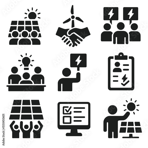 Public Energy Icons. Solid style icons of public engagement and action: community solar panel, energy co-op icon, crowd with wind