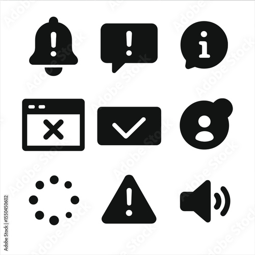 System Notification Icons. Solid style icons of system notifications: bell alert icon, popup message box, info tooltip icon, error