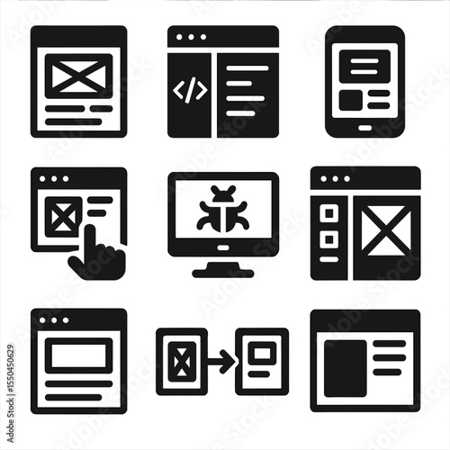 App Development Icons. Solid style icons of app development interface: wireframe icon, code and UI symbol, prototype screen icon,