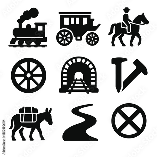 Western Transport Icons. Solid style icons of transportation in the west: steam locomotive, stagecoach icon, horseback rider,