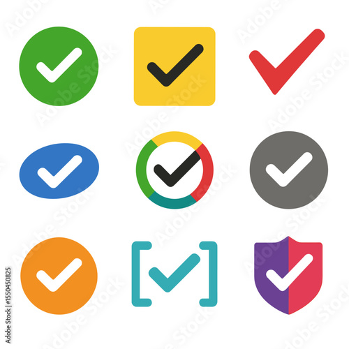 Color-Coded Task Icons. Solid vector icons of color-coded task checks: green tick in circle, yellow box check, red priority check,