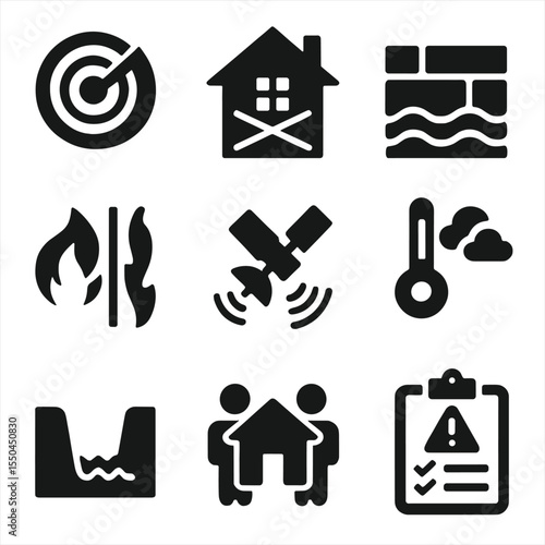 Disaster Prevention Icons. Solid style icons of disaster prevention: weather radar icon, reinforced home icon, flood wall barrier,