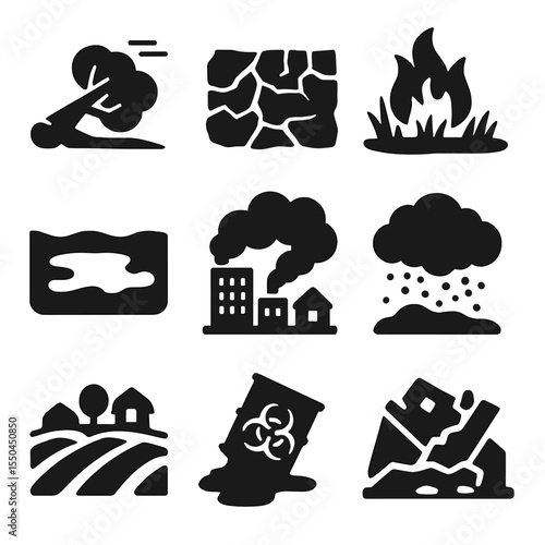Environmental Destruction Icons. Solid style icons of environmental destruction: fallen tree after storm, cracked dry land,