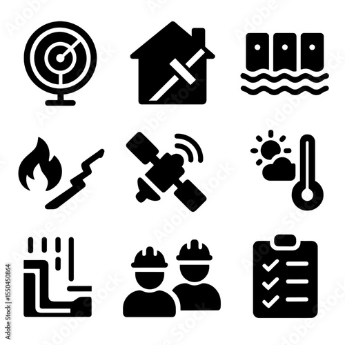 Disaster Prevention Icons. Solid style icons of disaster prevention: weather radar icon, reinforced home icon, flood wall barrier,