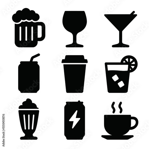 Wallpaper Mural Beverage Icon Collection. Solid vector icons of beverage assortment: beer mug with foam, wine glass silhouette, cocktail martini Torontodigital.ca