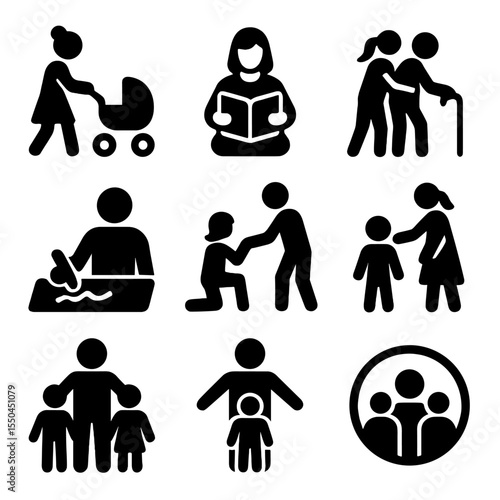 Caretaker Icon Set. Solid vector icons of guardians and caretakers: nanny with stroller, babysitter reading, elder caregiver,