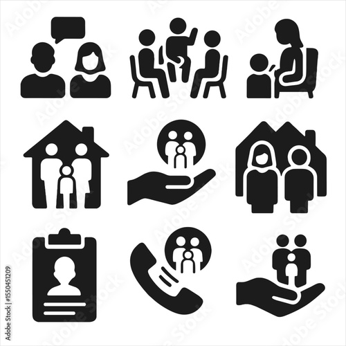 Family Support Icons. Solid style icons of family support services: family counseling icon, parenting group, therapy session for