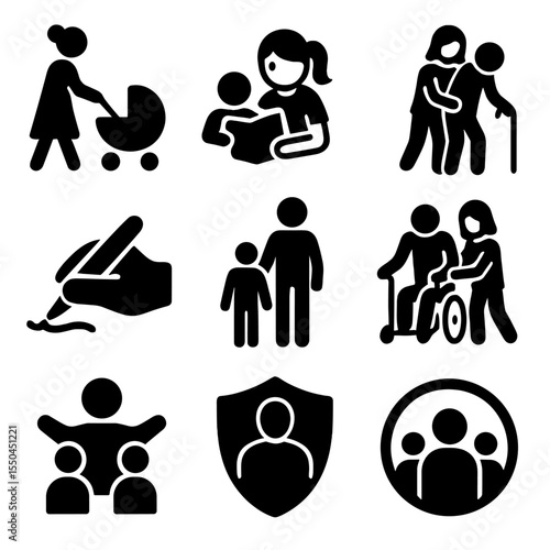 Caretaker Icon Set. Solid vector icons of guardians and caretakers: nanny with stroller, babysitter reading, elder caregiver,