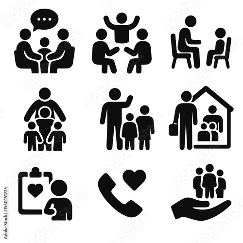 Family Support Icons. Solid style icons of family support services: family counseling icon, parenting group, therapy session for