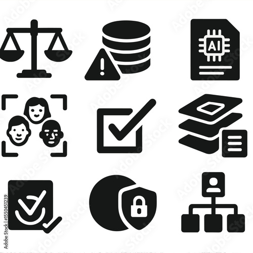Ethical AI Icons. Solid vector icons of ethical AI and fairness: balanced scale with AI chip, data bias alert, explainable AI