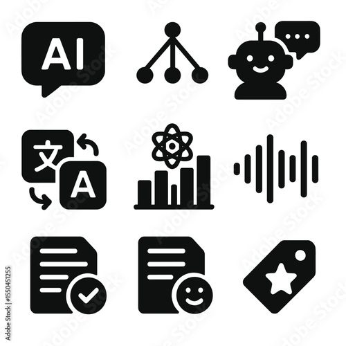 NLP Icons Collection. Solid style icons of natural language processing (NLP): speech bubble with AI icon, language parsing tree,