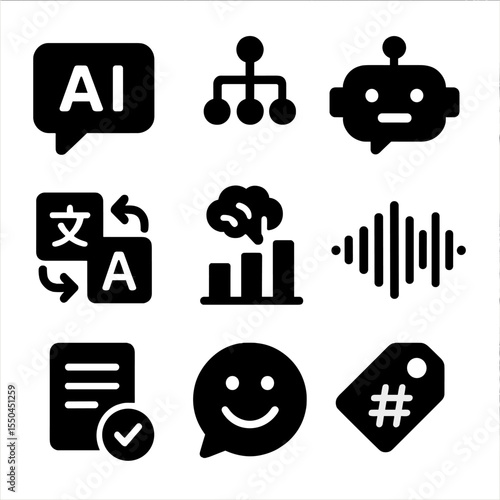 NLP Icons Collection. Solid style icons of natural language processing (NLP): speech bubble with AI icon, language parsing tree,