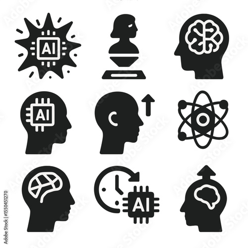 Futuristic AI Icons. Solid style icons of futuristic AI ideas: AI singularity burst, holographic assistant, AI consciousness