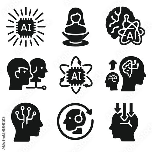 Futuristic AI Icons. Solid style icons of futuristic AI ideas: AI singularity burst, holographic assistant, AI consciousness