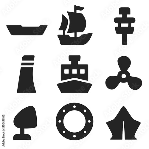 Ship Structure Icons. Solid vector icons of ship structures: hull silhouette, mast and sails, crow’s nest, smokestack symbol,