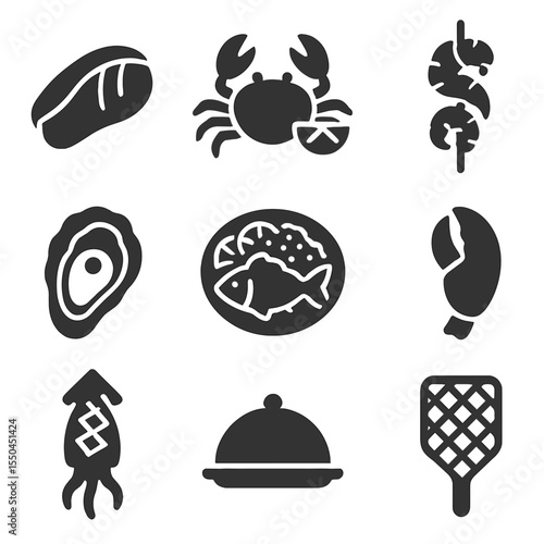 Seafood Icons Collection. Solid style icons of seafood and maritime cuisine: fish fillet icon, crab with lemon, shrimp skewer icon