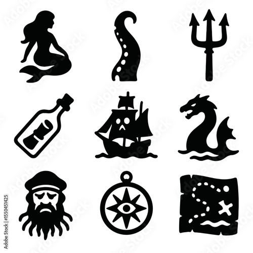 Marine Folklore Icons. Solid style icons of marine folklore and myth: mermaid silhouette, kraken tentacle icon, Poseidon trident,