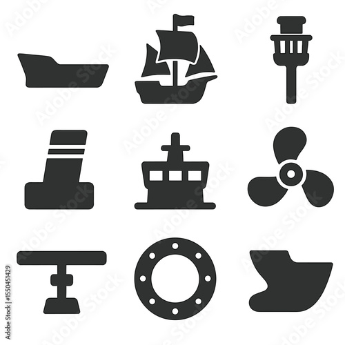 Ship Structure Icons. Solid vector icons of ship structures: hull silhouette, mast and sails, crow’s nest, smokestack symbol,