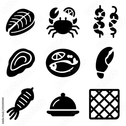 Seafood Icons Collection. Solid style icons of seafood and maritime cuisine: fish fillet icon, crab with lemon, shrimp skewer icon