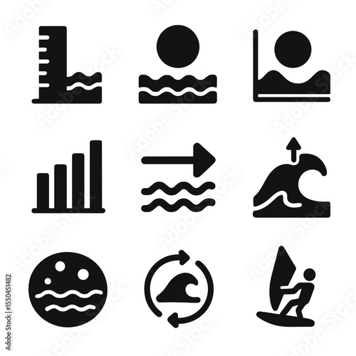 Tide and Wave Icons. Solid style icons of tide and wave science: tidal gauge icon, spring tide symbol, moon and tide chart, wave