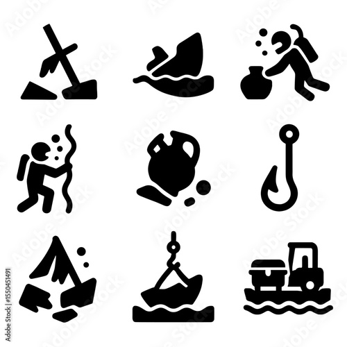 Shipwreck Salvage Icons. Solid vector icons of shipwreck and salvage: broken mast icon, submerged hull, diver salvaging icon,