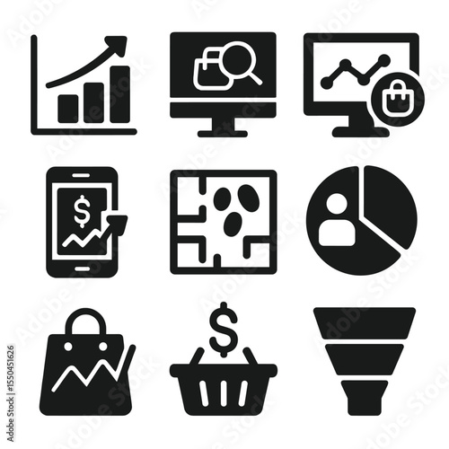 Retail Analytics Icons. Solid vector icons of retail analytics and dashboards: bar chart of sales, shopping behavior analysis, top