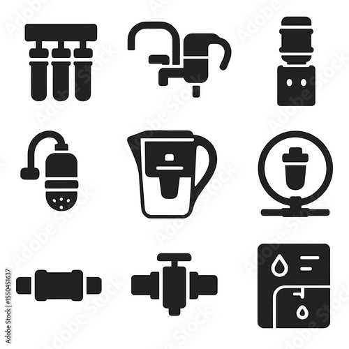 Water Purification Icons. Solid vector icons of home water purification systems: under-sink filter unit, faucet filter icon,