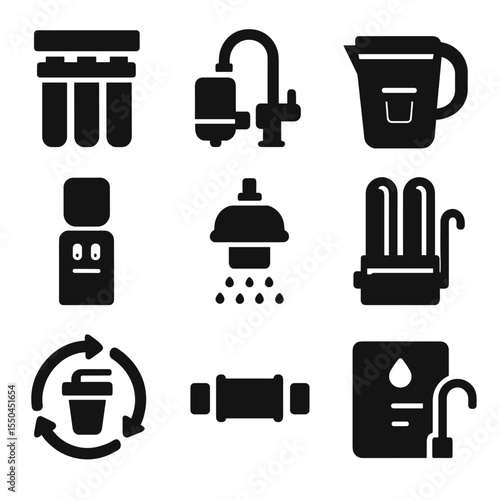 Water Purification Icons. Solid vector icons of home water purification systems: under-sink filter unit, faucet filter icon,