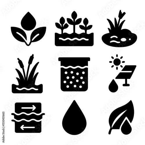 Eco Water Purification Icons. Solid vector icons of ecological water purification: plant-based filtration icon, constructed