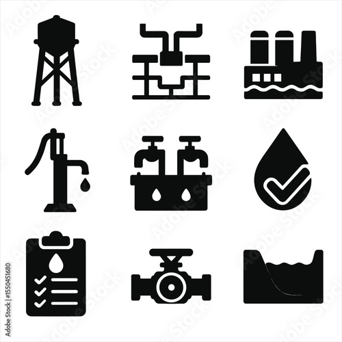 Public Water Icons. Solid vector icons of public water supply systems: city water tower, underground water pipe network, municipal