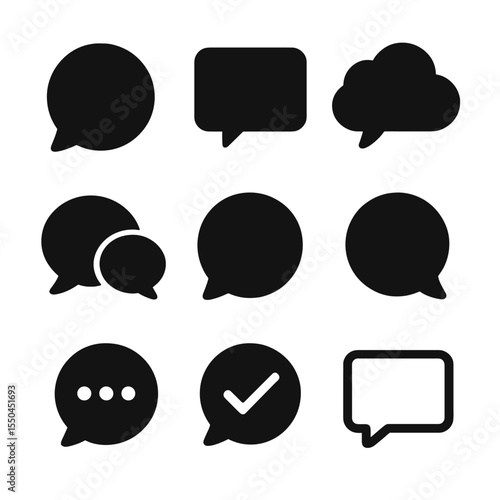 Basic Chat Icons. Solid vector icons of basic chat shapes: round speech bubble, rectangular chat box, cloud-style bubble,