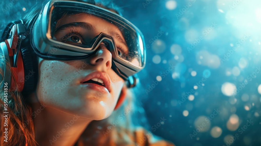 Naklejka premium A young girl immersed in a virtual reality world, wearing VR goggles and headphones, capturing the essence of technology and the future of human experience and interaction.
