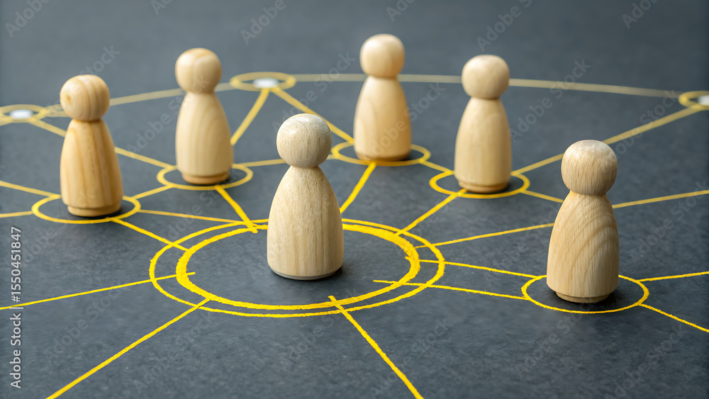 Obraz premium Business Connection: Wooden figurines representing diverse individuals are interconnected, illustrating teamwork, collaboration, and network through graphic visualization.
